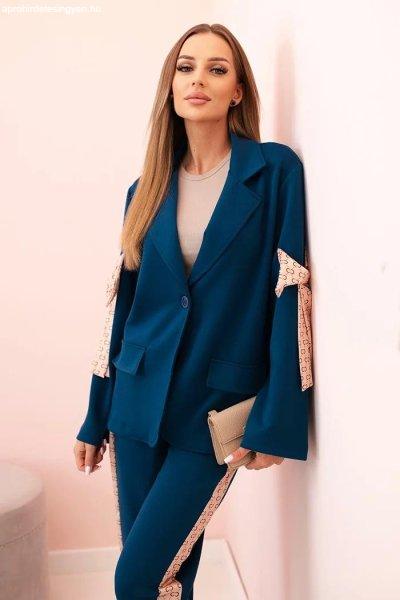 Elegáns viszkóz szett masnis zakóval és csíkos nadrággal, 0219-es modell,
sötét türkiz