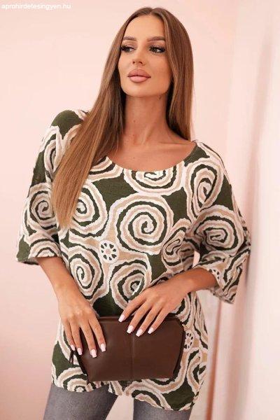 Pamut oversize blúz etnikai mintákkal, 22003-2 modell, khaki szín