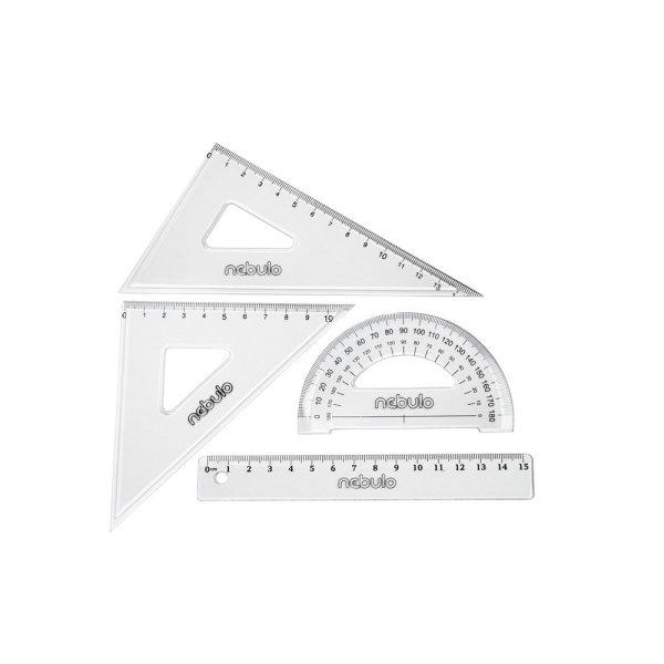 Vonalzókészlet, 30 cm egyenes vonalzó, szögmérő, 45° 13 cm és 60° 18 cm
háromszög vonalzó, 4 db/bliszter Educa