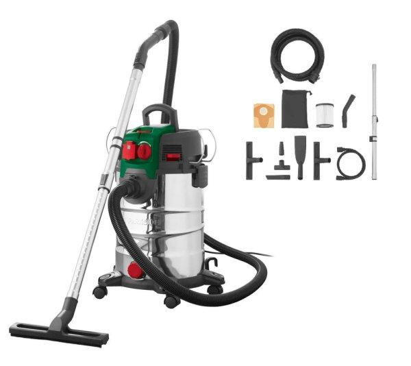 Parkside PWD 30 C1 30L 1500W inox (nemesacél) száraz - nedves porzsák
nélküli porszívó, fúvó funkcióval és 2200W hálózati aljzattal
szerszámgépekhez (PNTS 1500 D5 utódja)