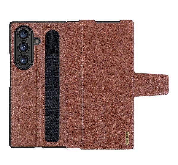 NILLKIN AOGE műanyag telefonvédő (valódi bőr hátlap, mikrofiber plüss
belső, ceruza tartó) SÖTÉTBARNA Samsung Galaxy Z Fold7 (SM-F966)