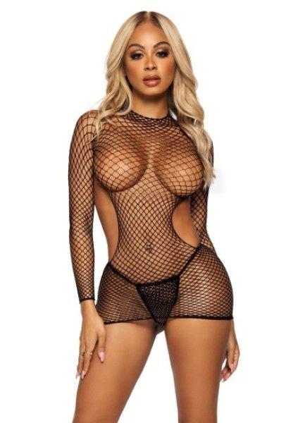 Leg Avenue Net Long Sleeved Mini Dress, Black