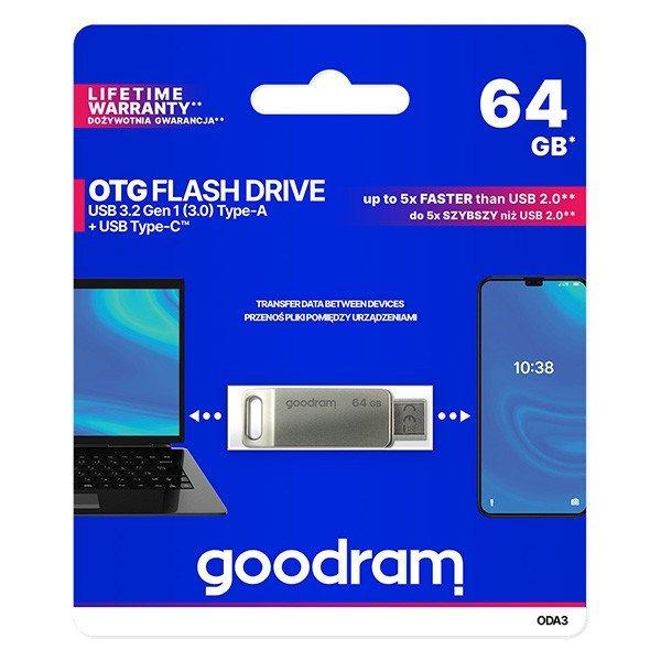 Goodram 64GB (USB-A 3.2, Type-C) ezüst pendrive Artisjus matricával -
ODA3-0640S0R11 