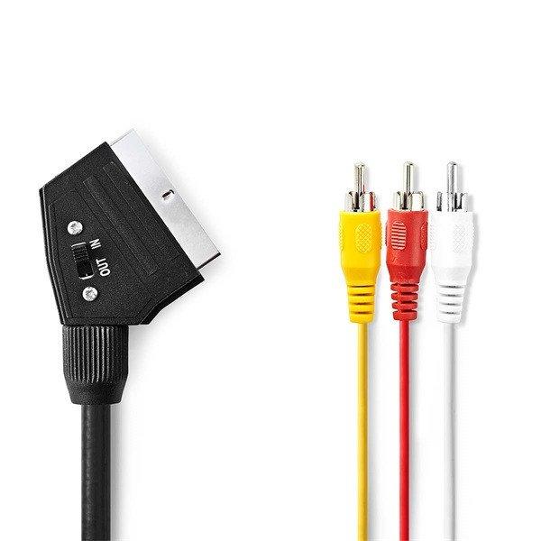 Nedis CVGP31130BK10 SCART kábel, 3x RCA férfi, Nikkelezett, Kapcsolható,
480p, 1,00 m, kerek, PVC, Fekete