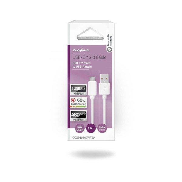 Nedis CCGB60600WT20 USB-A dugó - USB-C (USB C) dugó kábel, 60W, fehér, 2m