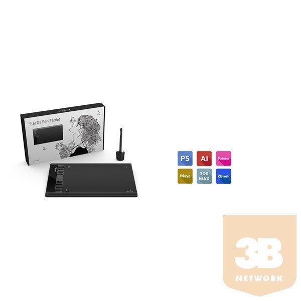 XP-PEN Grafikus tábla - Star 03 V2 (10"x6", 5080 LPI, PS 8192, 266
RPS, 8 gomb, USB)