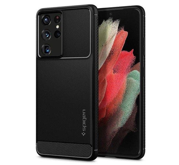SPIGEN RUGGED ARMOR szilikon telefonvédő (közepesen ütésálló,
légpárnás sarok, karbon minta) FEKETE Samsung Galaxy S21 Ultra (SM-G998) 5G