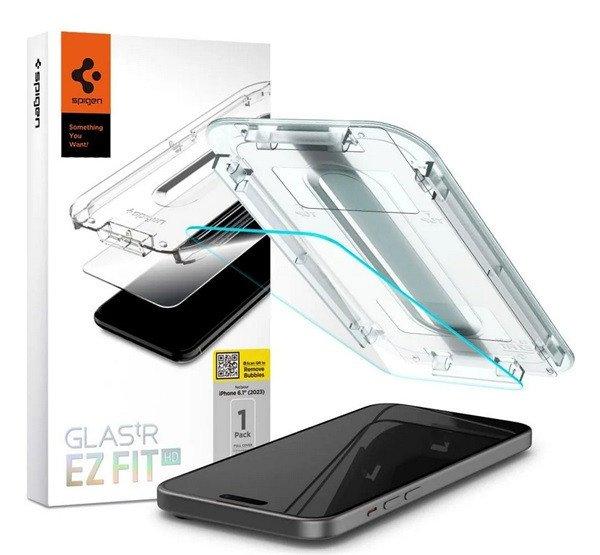 SPIGEN EZ FIT HD képernyővédő üveg (2.5D, tokbarát, ultravékony, 0.2mm,
9H + segédkeret) ÁTLÁTSZÓ Apple iPhone 15