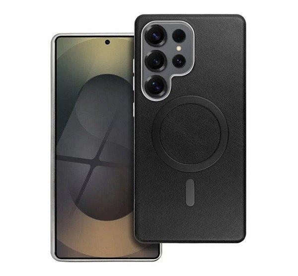 Szilikon telefonvédő (ECO bőr hatású hátlap, karcolásmentesítő belső,
fém kameravédő, MagSafe, prémium) FEKETE Samsung Galaxy S25 Ultra (SM-S938)