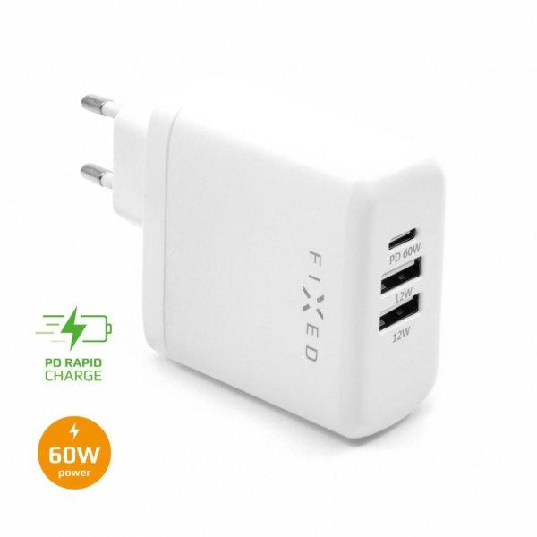 FIXED Hálózati töltő USB-C-vel és 2xUSB kimenettel 60W, fehér