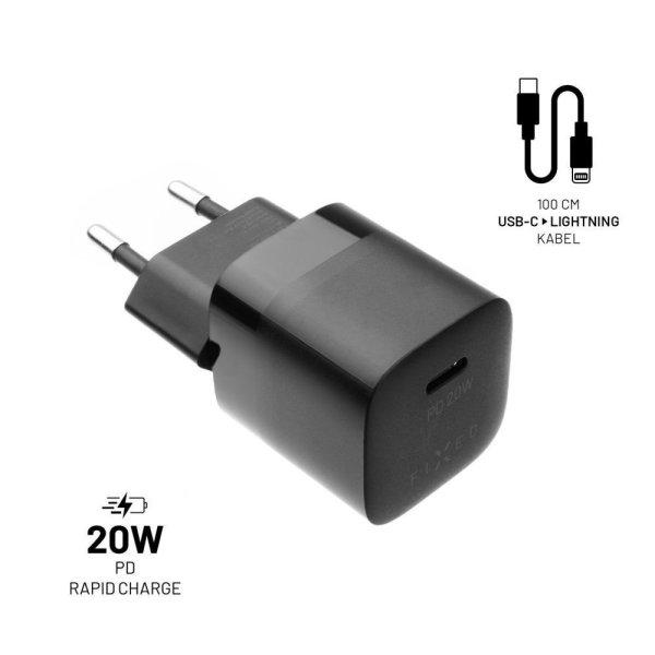 FIXED Mini hálózati töltőkészlet USB-C kimenettel és USB-C/Lightning
kábellel 20W 1m, fekete