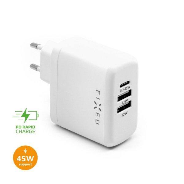 FIXED Hálózati töltő USB-C-vel és 2xUSB kimenettel 45W, fehér
