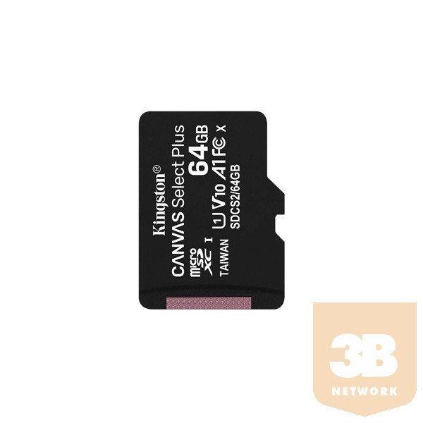 KINGSTON Memóriakártya MicroSDXC 64GB Canvas Select Plus 100R A1 C10 Adapter
nélkül