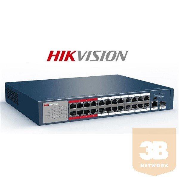 Hikvision DS-3E0326P-E/M PoE switch, 24x 10/100 PoE(225W) + 1x gigabit combo
port, L2, nem menedzselhető