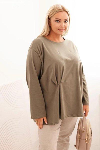 Pamut oversize blúz elöl ráncolással, 25208-as modell, khaki színben
