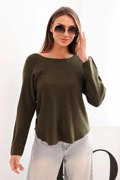 Viszkóz pulóver csónaknyakú kivágással IT89 modell sötét khaki színben