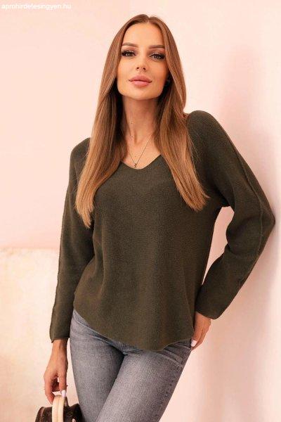 Viszkóz pulóver szíves nyakkivágással IT88 modell sötét khaki színben