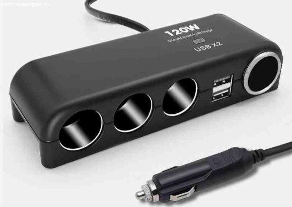 Szivargyújtó elosztó – 3 aljzat + 2 USB + öngyújtó aljzat, 12/24V, max.
120W – 13283