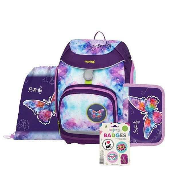 Iskolatáska szett OXY SHERPY 4 részes Butterfly tolltartóval, tornazsákkal
és cserélhető matricával