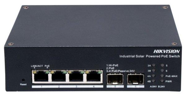Hikvision DS-3T1506HP-EI-UPS 6 portos ipari Gbit PoE switch (120 W), 4 PoE+ / 2
SFP uplink port, 1 RS485 port, menedzselhető