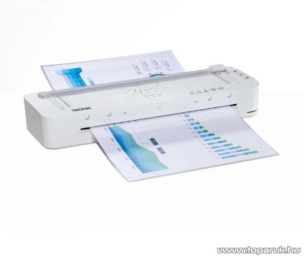TRONIC TLG 400 A1 WH Prémium A3 / A4 hideg - meleg lamináló gép, laminátor,
laminálógép görgős papírvágóval és 8 db A3 lamináló fóliával,
fehér, 400W
