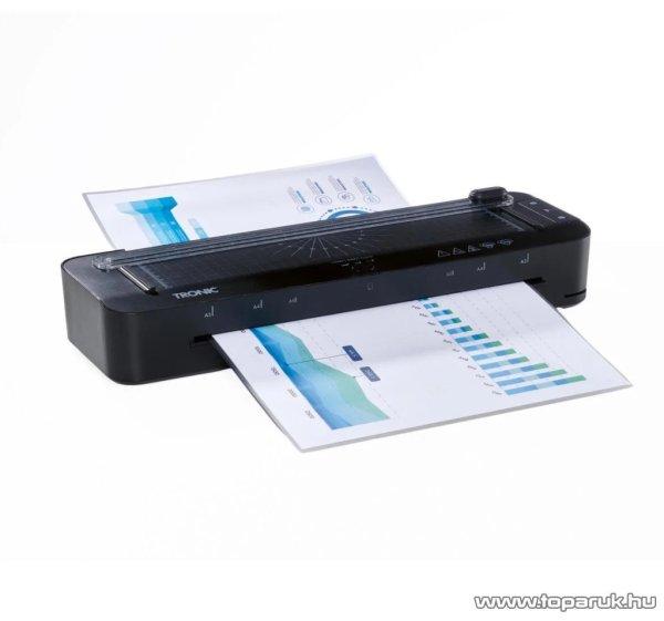 TRONIC TLG 400 A1 BK Prémium A3 / A4 hideg - meleg lamináló gép, laminátor,
laminálógép görgős papírvágóval és 8 db A3 lamináló fóliával,
fekete, 400W