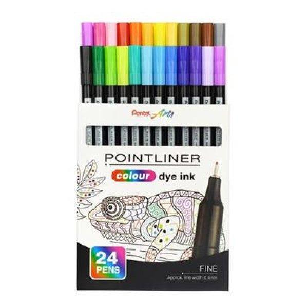 Tűfilc készlet, 0,4 mm, PENTEL "Pointliner", 24 különböző szín