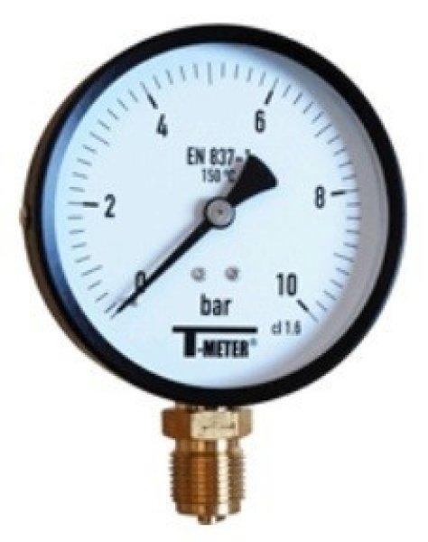 T-METER nyomásmérő alsó csatlakozással 1/2" 0-10 bar átmérő 100 mm
(fémházas)