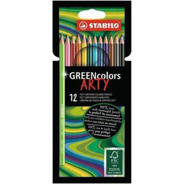 Színes ceruza készlet, hatszögletű, STABILO "GreenColors ARTY", 12
különböző szín