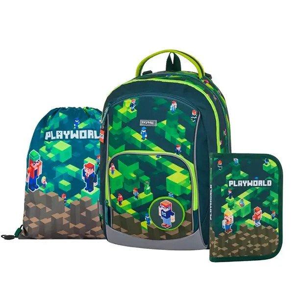 Minecraft mintás ergonómikus hátizsák, iskolatáska tolltartóval és
tornazsákkal, OXY GO Playworld