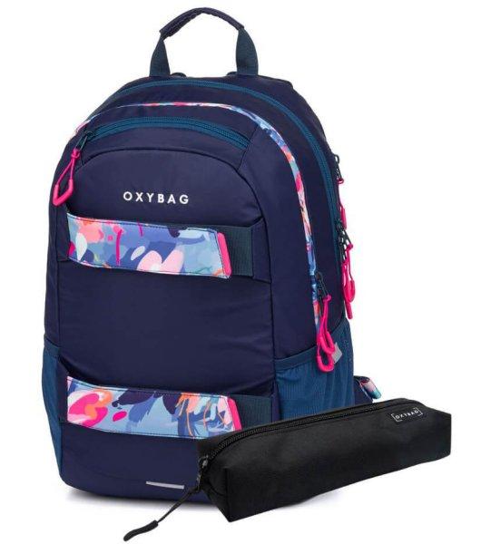 OXY Sport hátizsák, iskolatáska beledobálós tolltartóval, 3 rekeszes,
46x32x16cm, Flowers Blue, sötétkék virágos