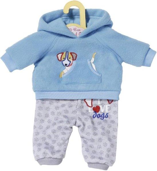 Dolly Moda sportos szett – kék kapucnis pulóver kutyával és szürke
nadrág tappancsmintával, 43 cm-es babákra