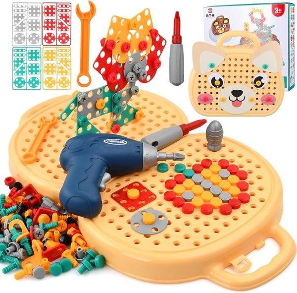 Focenat Montessori Kreatív Szerszámosláda – kutyás 3D‑puzzle +
(játék)fúró, Montessori barkácsjáték 3 éves kortól