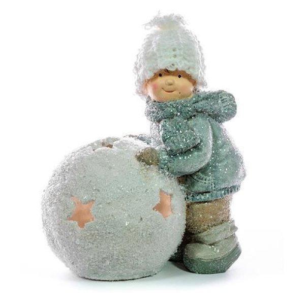 Karácsonyi dekoráció - kislány hógolyóval - LED-es - 15 cm