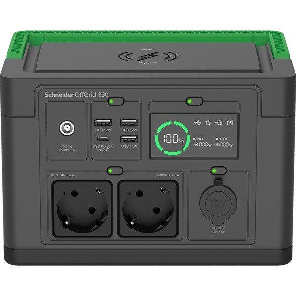 APC Schneider OFFGRID 330 hordozható akkumulátor állomás, 332Wh Lítium-ion,
2xSCHUKO, 3xUSB, 2x USB-C, Színuszos, LCD