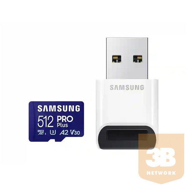 SAMSUNG Memóriakártya, PRO Plus + Reader microSDXC 512GB, CLASS 10, UHS-I, U3,
V30, A2, R180/W130