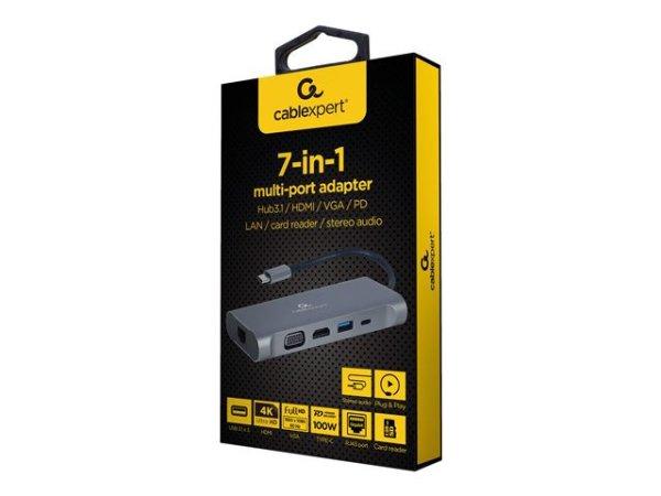 GEMBIRD A-CM-COMBO7-01 Multi Port Adapter USB Type C Hub3.0 HDMI VGA PD card
reader stereo audio space grey