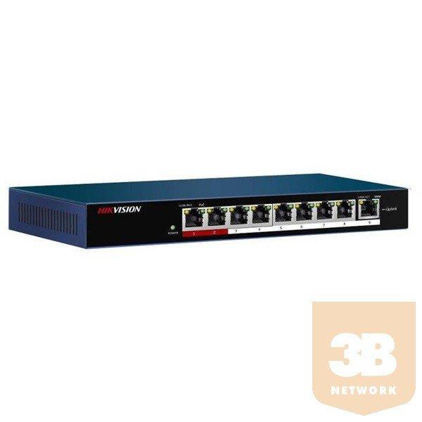 Hikvision DS-3E0109P-E/M PoE switch, 10/100, 8x PoE+(58W) + 1x uplink port, L2,
nem menedzselhető