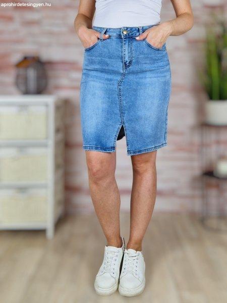 Elől sliccelt, zsebes, koptatott farmerszoknya S-XXL-ig