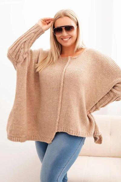 Aszimmetrikus oversize pulóver laza szabású IT86 modell, teve színben