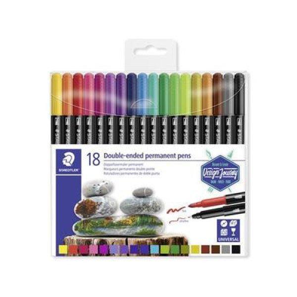 Alkoholos marker készlet, 0,5/3,0 mm, kétvégű, STAEDTLER "3187",
18 különböző szín
