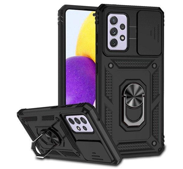 Defender műanyag telefonvédő (közepesen ütésálló, szilikon belső,
telefontartó gyűrű, kamera védelem) FEKETE Samsung Galaxy A52 4G (SM-A525F),
Samsung Galaxy A52s 5G (SM-A528), Samsung Ga