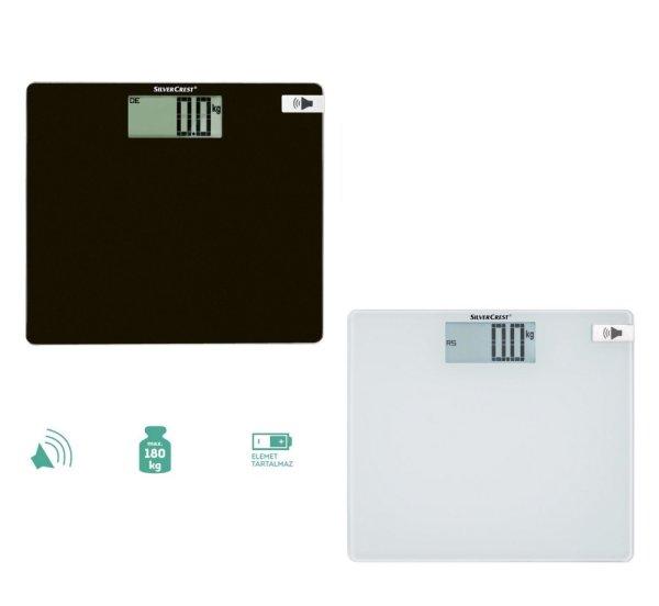 SilverCrest SPWS 180 LCD kijelzős, magyarul beszélő digitális mérleg,
biztonsági üveg személymérleg 180 kg teherbírással 