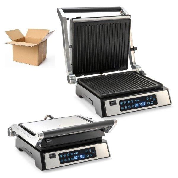 BONTOTT, SÉRÜLT Ambiano GTSF-KG03 inox nemesacél 2200W elektromos digitális
kontaktgrill, asztali kontakt grill kivehető 30 x 26 cm sütőlapokkal,
húshőmérővel