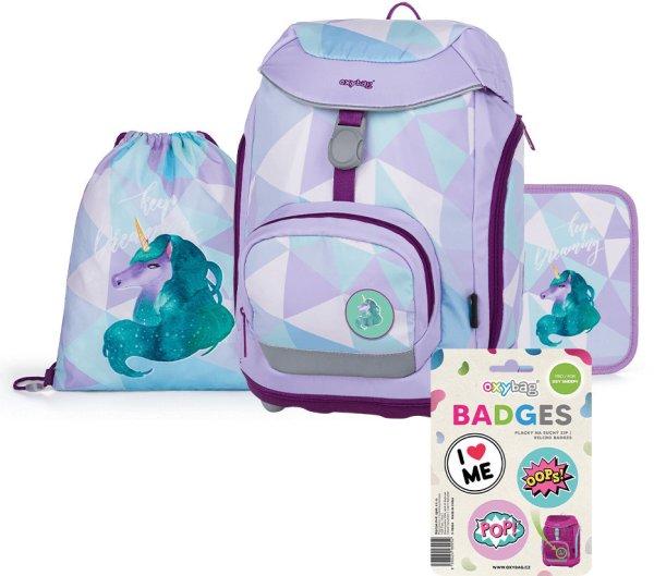 Unikornis ergonomikus hátizsák, iskolatáska tolltartóval és tornazsákkal,
OXY Sherpy Unicorn, lila