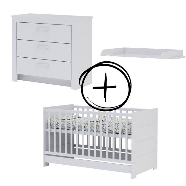 Todi White Bunny 70x140-es átalakítható babaágy + 3 fiókos komód +
pelenkázó toldalék