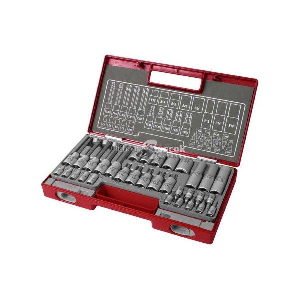 FORTUM bitdugófej és dugókulcs klt. 1/4' és 1/2', TORX, 32db;
61CrV5 FORTUM