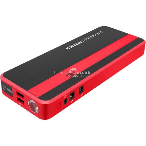 EXTOL PREMIUM autós indító, benzin- és dízelmotorokhoz., beépített 18000
mAh Li-polimer akkuval + power bank 5V és 19V, bikázó