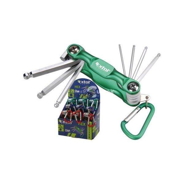 EXTOL CRAFT imbuszkulcs klt., Cr40 gömbfej, színes, TÜV/GS; 7db, 1,5-6mm,
karabínerrel, 9 darabonként kínálódobozban