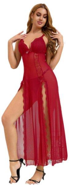 Red Sexy Mesh Lace Long Split Nightgown S